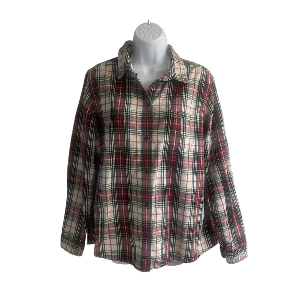 LL Bean Relaxed Fit Plaid Flannel Shirt Women's Size L Red Cream Blue